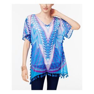 INC Womens Blue Fringed Striped Short Sleeve V Neck Top Size: M